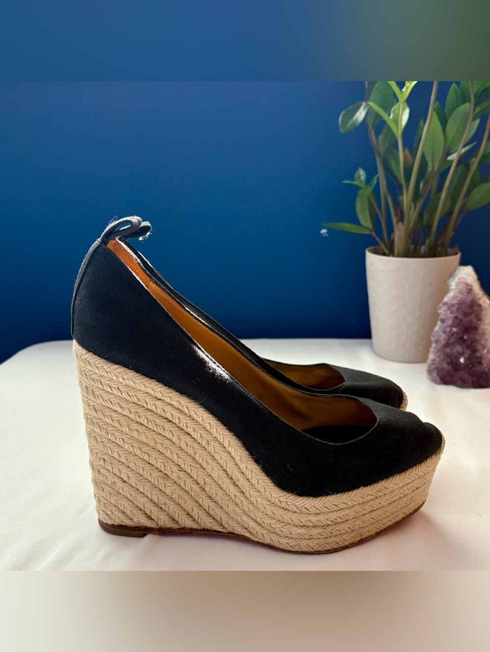 Christian Louboutin Black Canvas Almond Toe Platform Espadrille Wedges 41